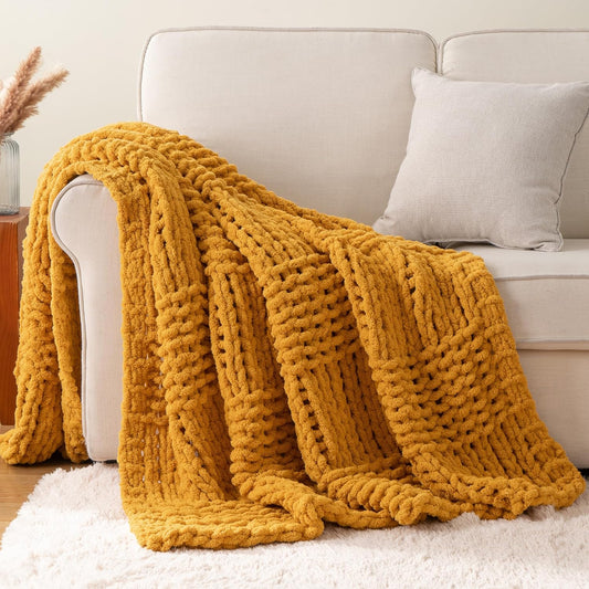 Mustard Yellow Throw Blanket for Couch, Chunky Knit Gold Blanket Throw with Chenille Yarn for Bed Living Room Home Decor, 50"x60"