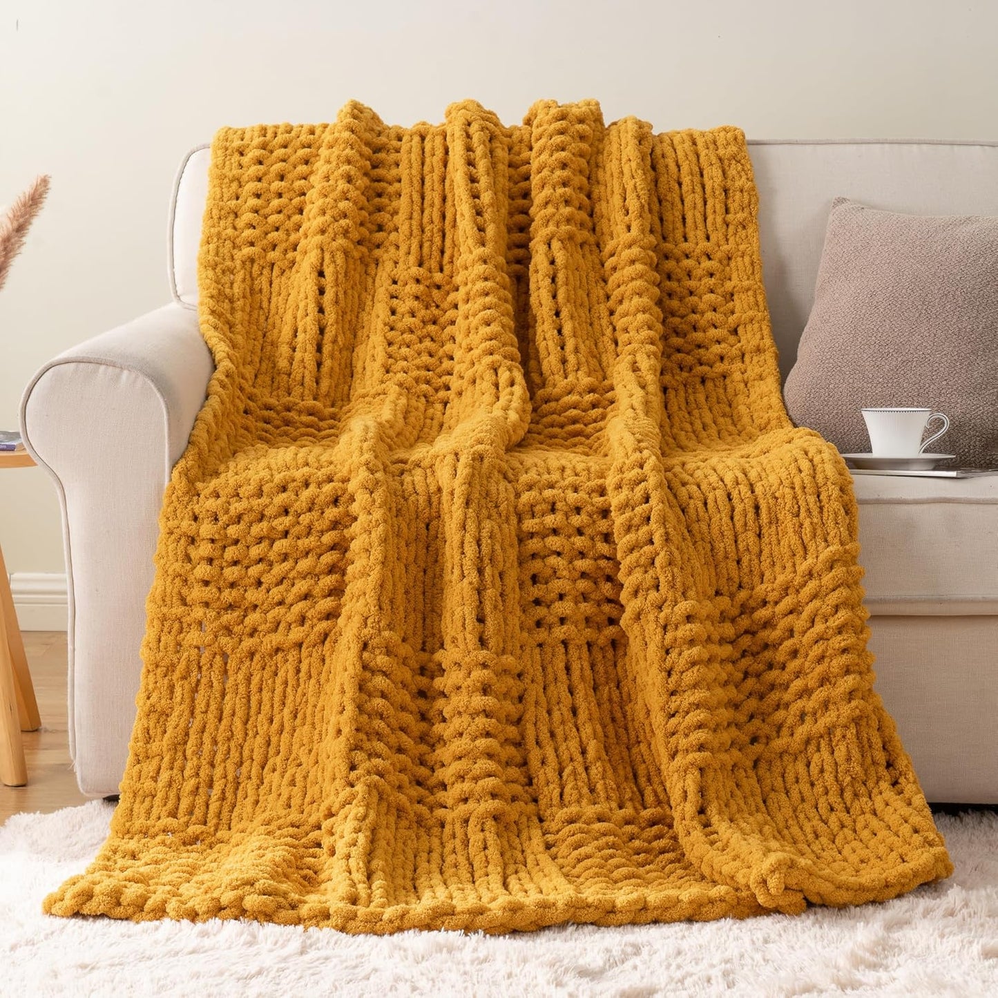 Mustard Yellow Throw Blanket for Couch, Chunky Knit Gold Blanket Throw with Chenille Yarn for Bed Living Room Home Decor, 50"x60"