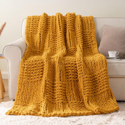 Mustard Yellow Throw Blanket for Couch, Chunky Knit Gold Blanket Throw with Chenille Yarn for Bed Living Room Home Decor, 50"x60"