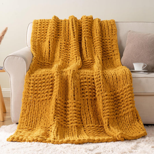 Mustard Yellow Throw Blanket for Couch, Chunky Knit Gold Blanket Throw with Chenille Yarn for Bed Living Room Home Decor, 50"x60"