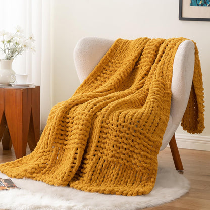 Mustard Yellow Throw Blanket for Couch, Chunky Knit Gold Blanket Throw with Chenille Yarn for Bed Living Room Home Decor, 50"x60"