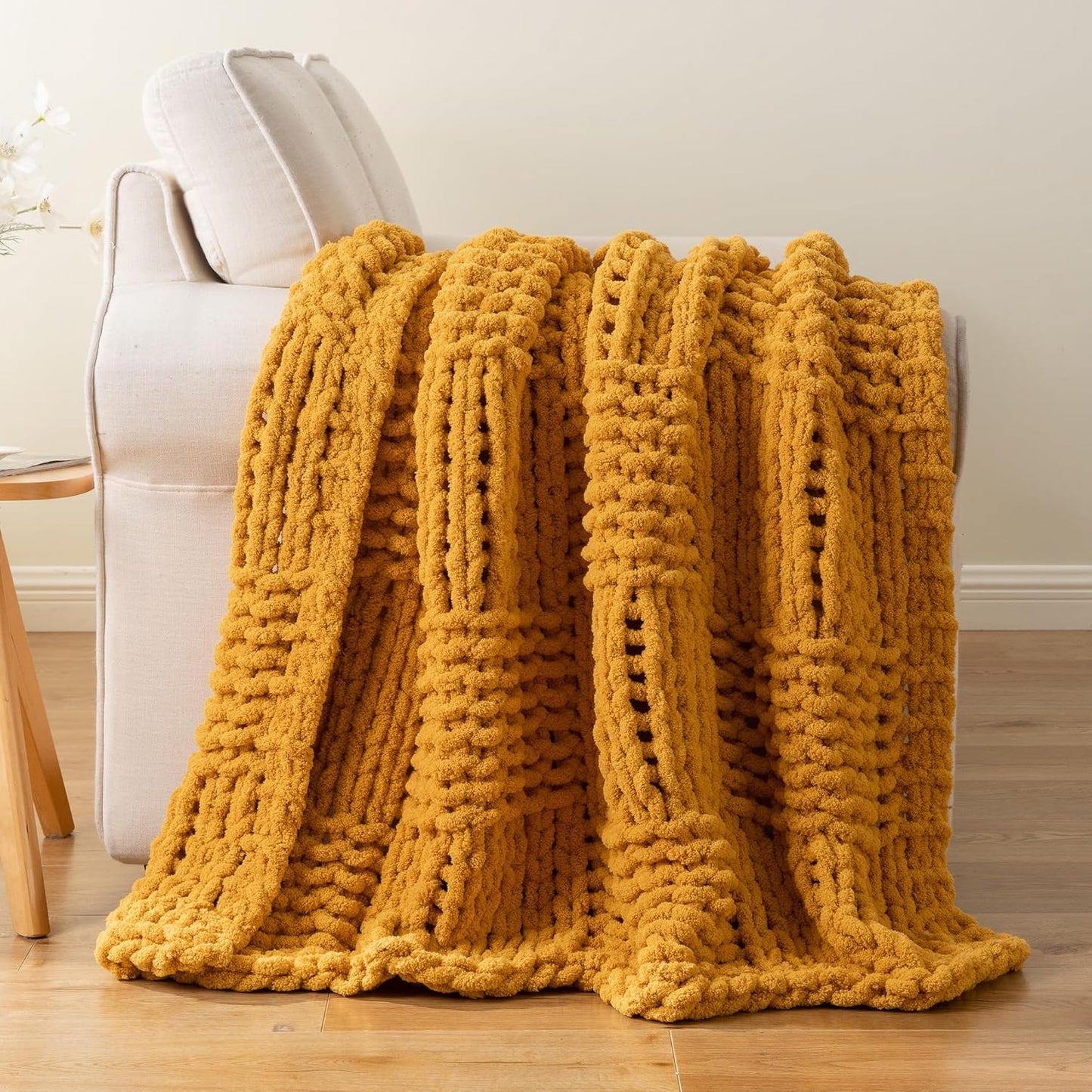 Mustard Yellow Throw Blanket for Couch, Chunky Knit Gold Blanket Throw with Chenille Yarn for Bed Living Room Home Decor, 50"x60"