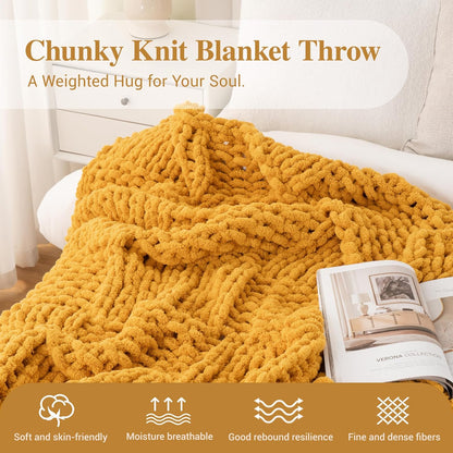 Mustard Yellow Throw Blanket for Couch, Chunky Knit Gold Blanket Throw with Chenille Yarn for Bed Living Room Home Decor, 50"x60"
