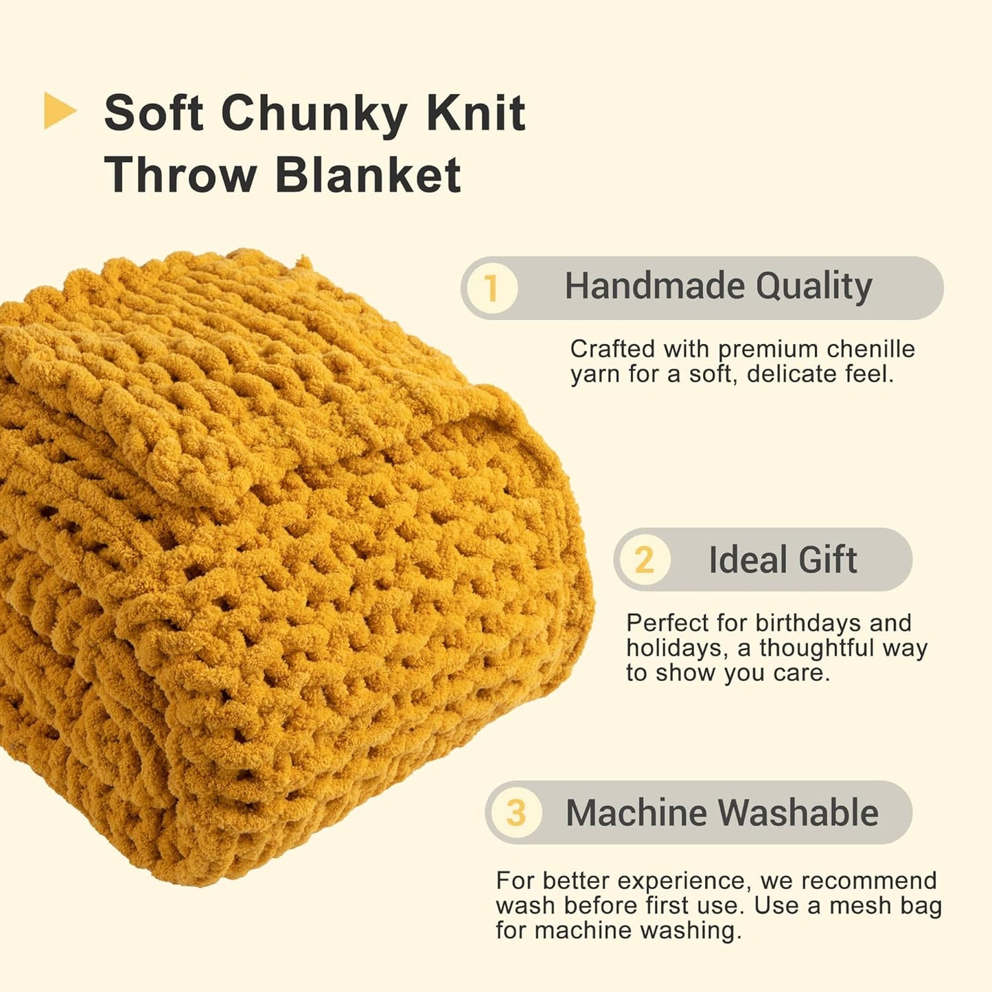Mustard Yellow Throw Blanket for Couch, Chunky Knit Gold Blanket Throw with Chenille Yarn for Bed Living Room Home Decor, 50"x60"