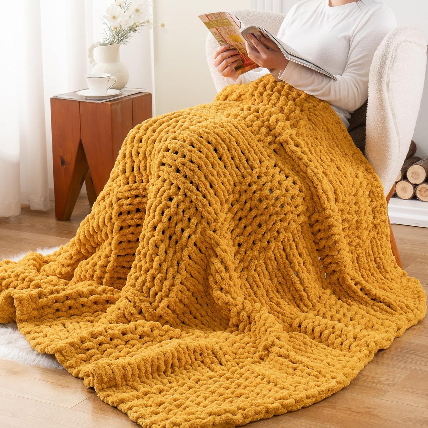 Mustard Yellow Throw Blanket for Couch, Chunky Knit Gold Blanket Throw with Chenille Yarn for Bed Living Room Home Decor, 50"x60"