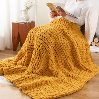 Mustard Yellow Throw Blanket for Couch, Chunky Knit Gold Blanket Throw with Chenille Yarn for Bed Living Room Home Decor, 50"x60"