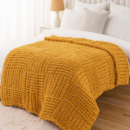 Mustard Yellow Throw Blanket for Couch, Chunky Knit Gold Blanket Throw with Chenille Yarn for Bed Living Room Home Decor, 50"x60"