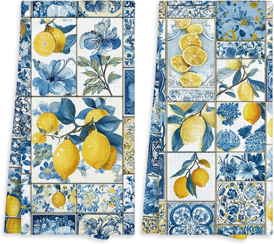 Mediterranean Italian Lemon Kitchen Towel Gifts Set of 2, Blue and White Dish Towels Dishcloths Tea Towels Decorative, Summer Lemon Microfiber Hand Towel for Kitchen Bathroom Decor 16x24