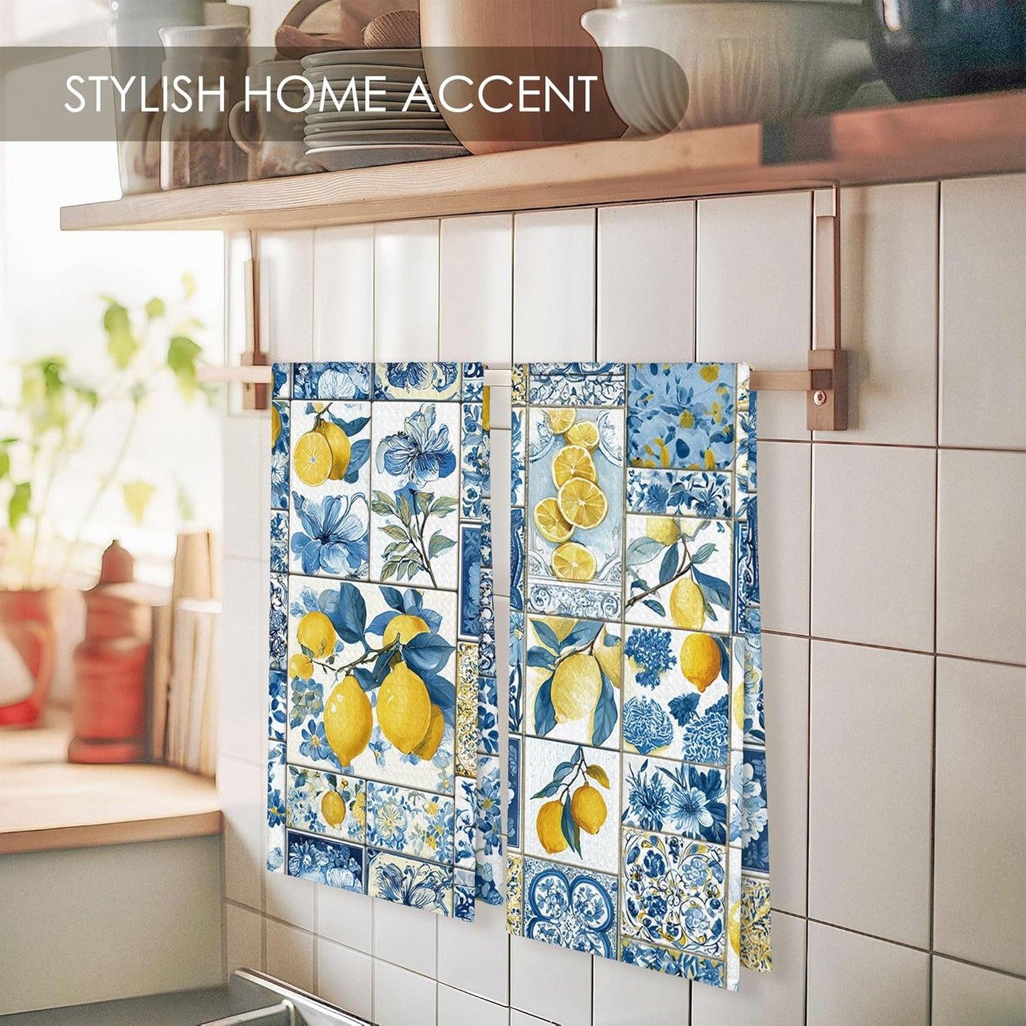 Mediterranean Italian Lemon Kitchen Towel Gifts Set of 2, Blue and White Dish Towels Dishcloths Tea Towels Decorative, Summer Lemon Microfiber Hand Towel for Kitchen Bathroom Decor 16x24