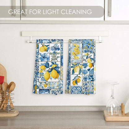 Mediterranean Italian Lemon Kitchen Towel Gifts Set of 2, Blue and White Dish Towels Dishcloths Tea Towels Decorative, Summer Lemon Microfiber Hand Towel for Kitchen Bathroom Decor 16x24