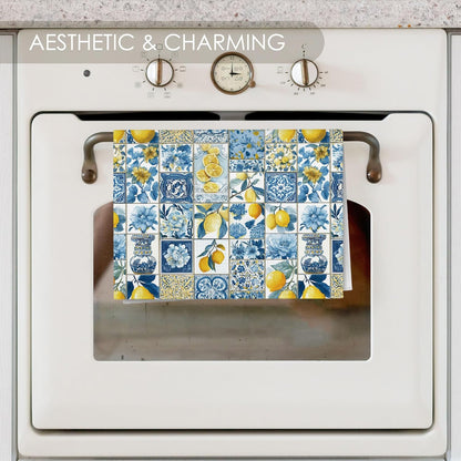 Mediterranean Italian Lemon Kitchen Towel Gifts Set of 2, Blue and White Dish Towels Dishcloths Tea Towels Decorative, Summer Lemon Microfiber Hand Towel for Kitchen Bathroom Decor 16x24