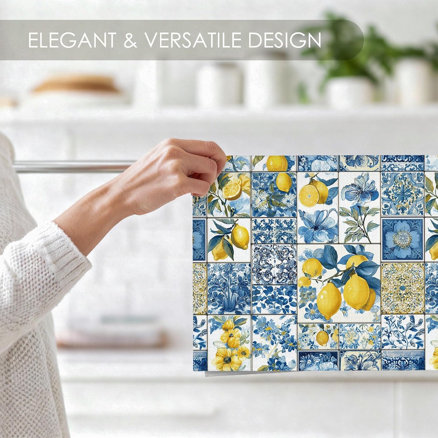Mediterranean Italian Lemon Kitchen Towel Gifts Set of 2, Blue and White Dish Towels Dishcloths Tea Towels Decorative, Summer Lemon Microfiber Hand Towel for Kitchen Bathroom Decor 16x24