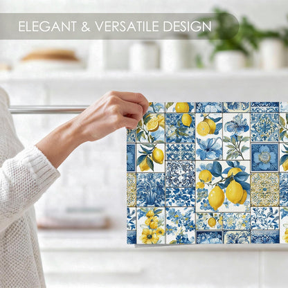 Mediterranean Italian Lemon Kitchen Towel Gifts Set of 2, Blue and White Dish Towels Dishcloths Tea Towels Decorative, Summer Lemon Microfiber Hand Towel for Kitchen Bathroom Decor 16x24
