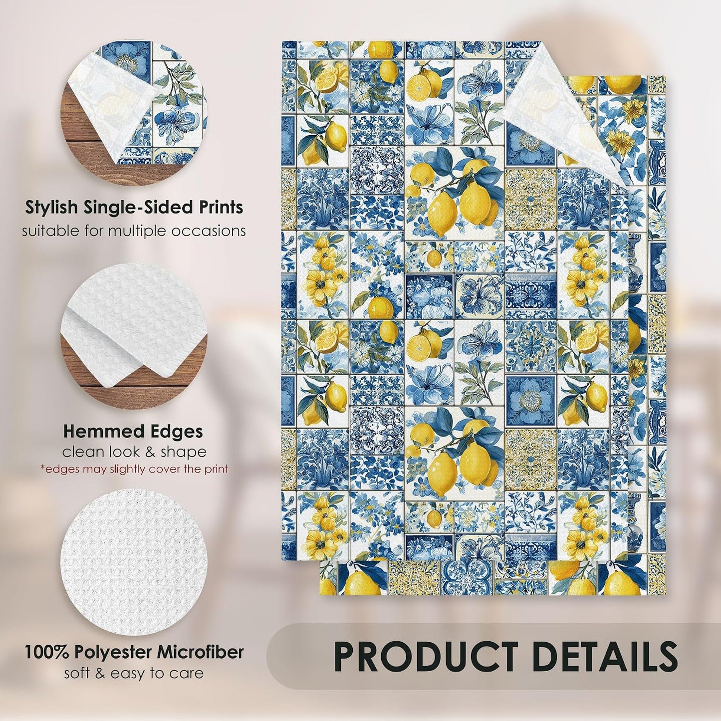 Mediterranean Italian Lemon Kitchen Towel Gifts Set of 2, Blue and White Dish Towels Dishcloths Tea Towels Decorative, Summer Lemon Microfiber Hand Towel for Kitchen Bathroom Decor 16x24
