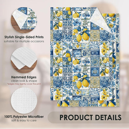 Mediterranean Italian Lemon Kitchen Towel Gifts Set of 2, Blue and White Dish Towels Dishcloths Tea Towels Decorative, Summer Lemon Microfiber Hand Towel for Kitchen Bathroom Decor 16x24
