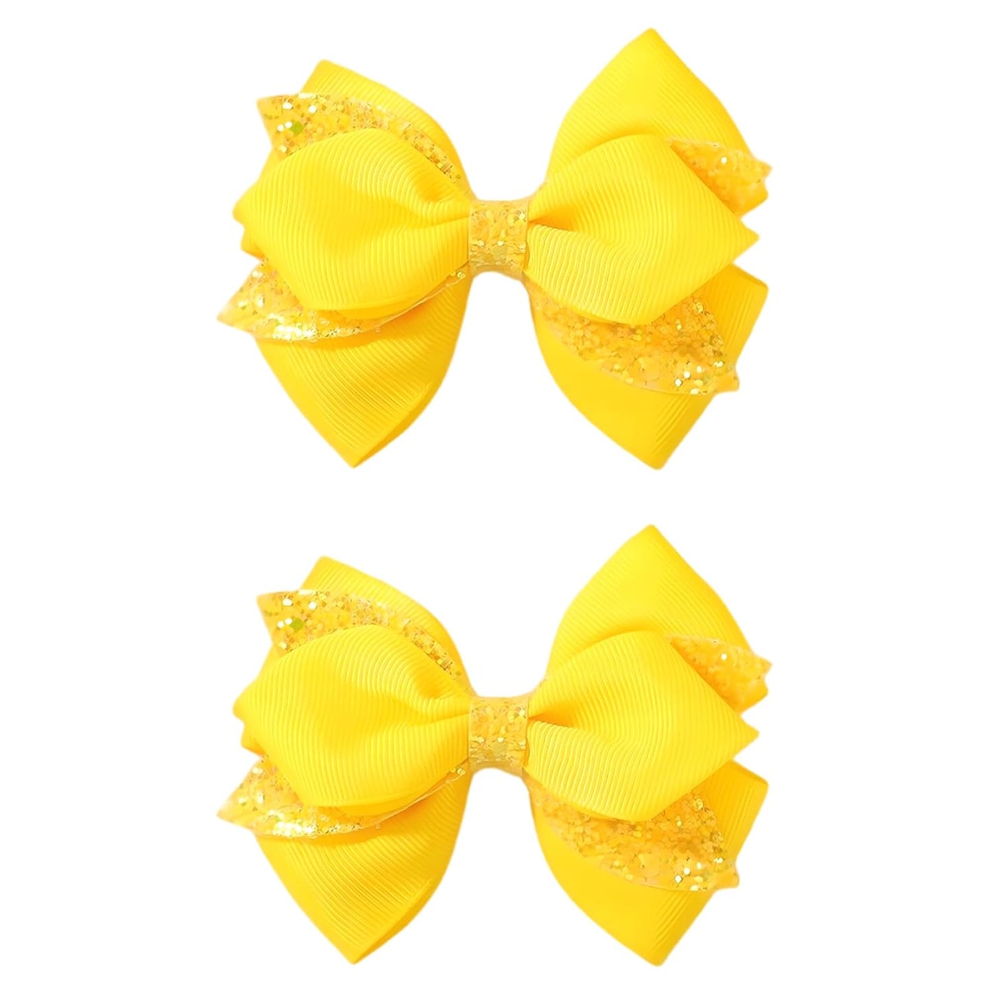 2 Pack Yellow Glitter Sequin Hair Bow Clips for Girls Women Daily Party | 3.9 Inch Grosgrain Ribbon Bows with Golden Sequin, Metal Alligator Clips for Girls Women Daily Outfits & Party Hairstyles