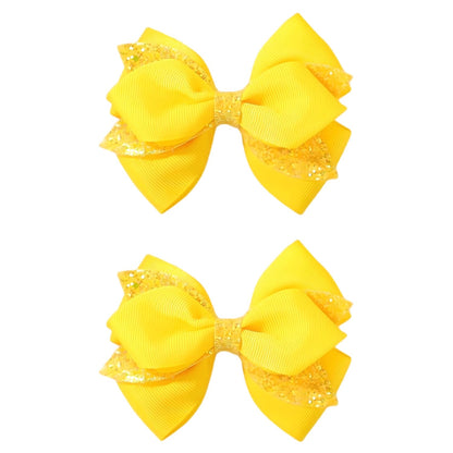 2 Pack Yellow Glitter Sequin Hair Bow Clips for Girls Women Daily Party | 3.9 Inch Grosgrain Ribbon Bows with Golden Sequin, Metal Alligator Clips for Girls Women Daily Outfits & Party Hairstyles