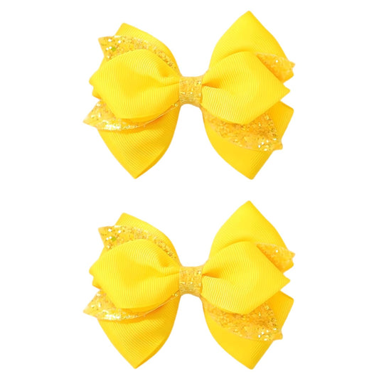 2 Pack Yellow Glitter Sequin Hair Bow Clips for Girls Women Daily Party | 3.9 Inch Grosgrain Ribbon Bows with Golden Sequin, Metal Alligator Clips for Girls Women Daily Outfits & Party Hairstyles