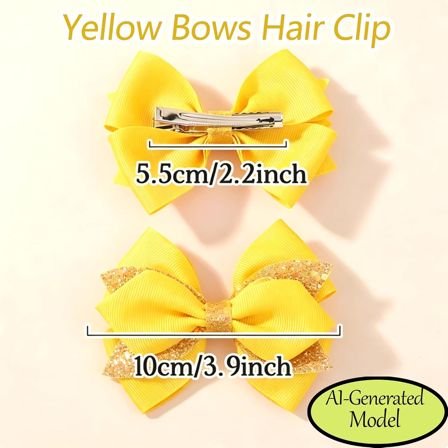 2 Pack Yellow Glitter Sequin Hair Bow Clips for Girls Women Daily Party | 3.9 Inch Grosgrain Ribbon Bows with Golden Sequin, Metal Alligator Clips for Girls Women Daily Outfits & Party Hairstyles