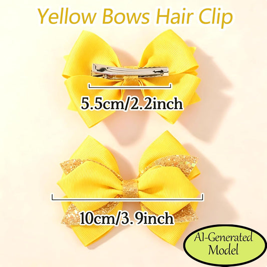 2 Pack Yellow Glitter Sequin Hair Bow Clips for Girls Women Daily Party | 3.9 Inch Grosgrain Ribbon Bows with Golden Sequin, Metal Alligator Clips for Girls Women Daily Outfits & Party Hairstyles