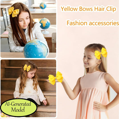 2 Pack Yellow Glitter Sequin Hair Bow Clips for Girls Women Daily Party | 3.9 Inch Grosgrain Ribbon Bows with Golden Sequin, Metal Alligator Clips for Girls Women Daily Outfits & Party Hairstyles