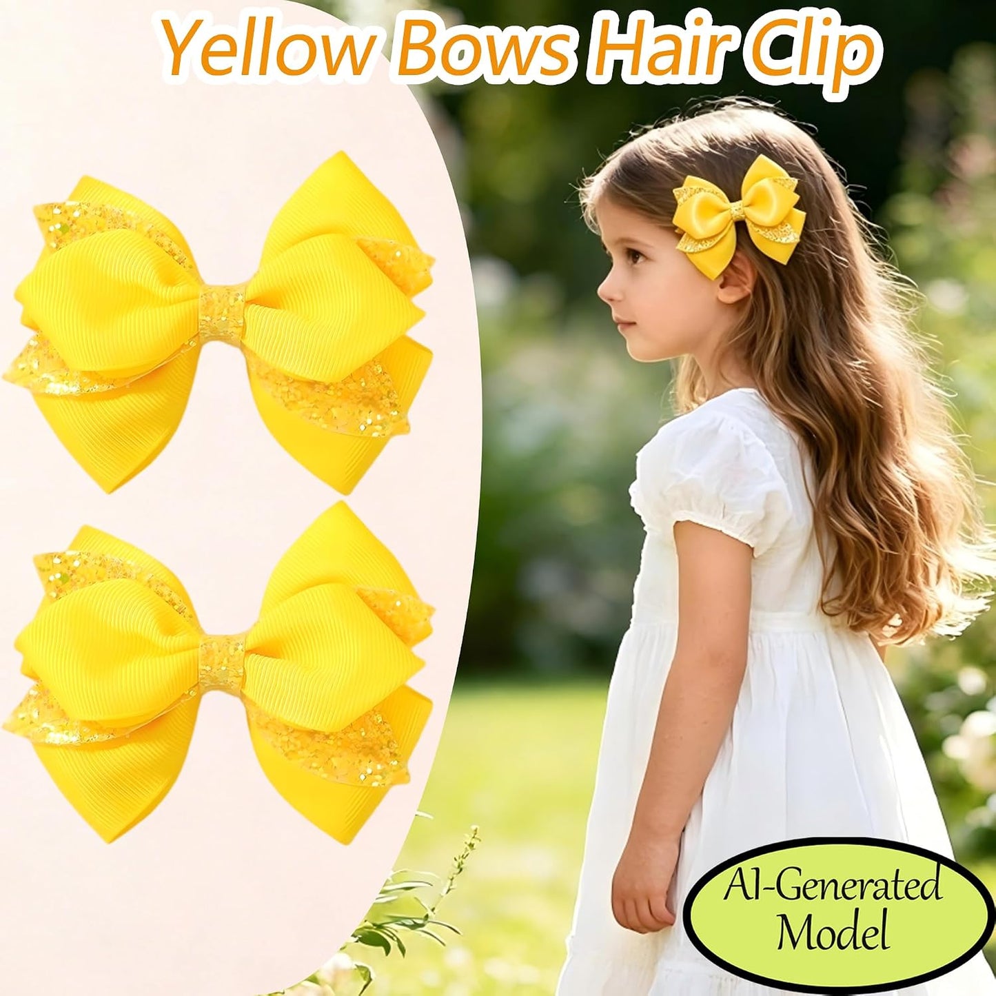 2 Pack Yellow Glitter Sequin Hair Bow Clips for Girls Women Daily Party | 3.9 Inch Grosgrain Ribbon Bows with Golden Sequin, Metal Alligator Clips for Girls Women Daily Outfits & Party Hairstyles