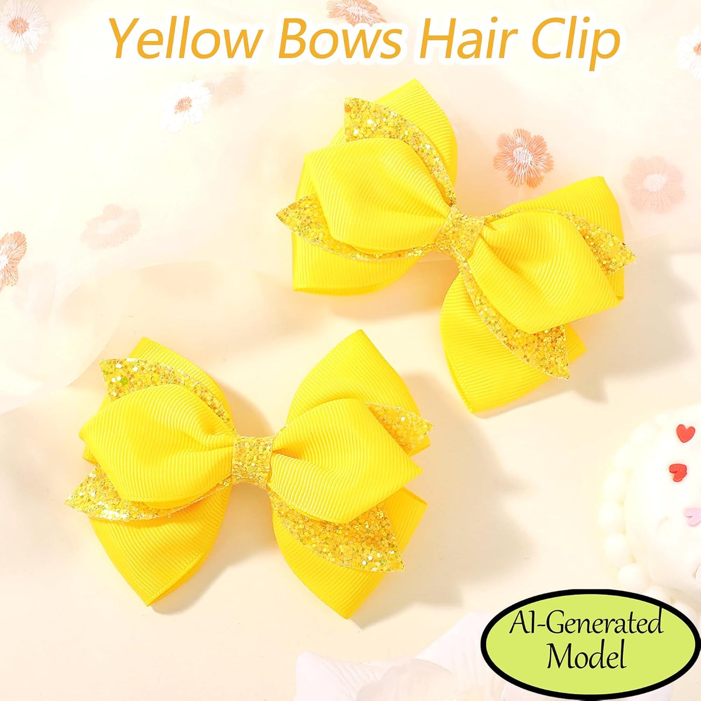 2 Pack Yellow Glitter Sequin Hair Bow Clips for Girls Women Daily Party | 3.9 Inch Grosgrain Ribbon Bows with Golden Sequin, Metal Alligator Clips for Girls Women Daily Outfits & Party Hairstyles