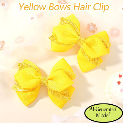 2 Pack Yellow Glitter Sequin Hair Bow Clips for Girls Women Daily Party | 3.9 Inch Grosgrain Ribbon Bows with Golden Sequin, Metal Alligator Clips for Girls Women Daily Outfits & Party Hairstyles