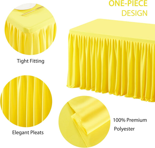 1 Pack Yellow Rectangle Table Clothes for 6 Foot Tables, Polyester Wrinkle Free Fitted Tablecloths 6ft Stretch Table Cover with Skirt for Wedding, Birthday, Parties, Trade Show, Craft Show