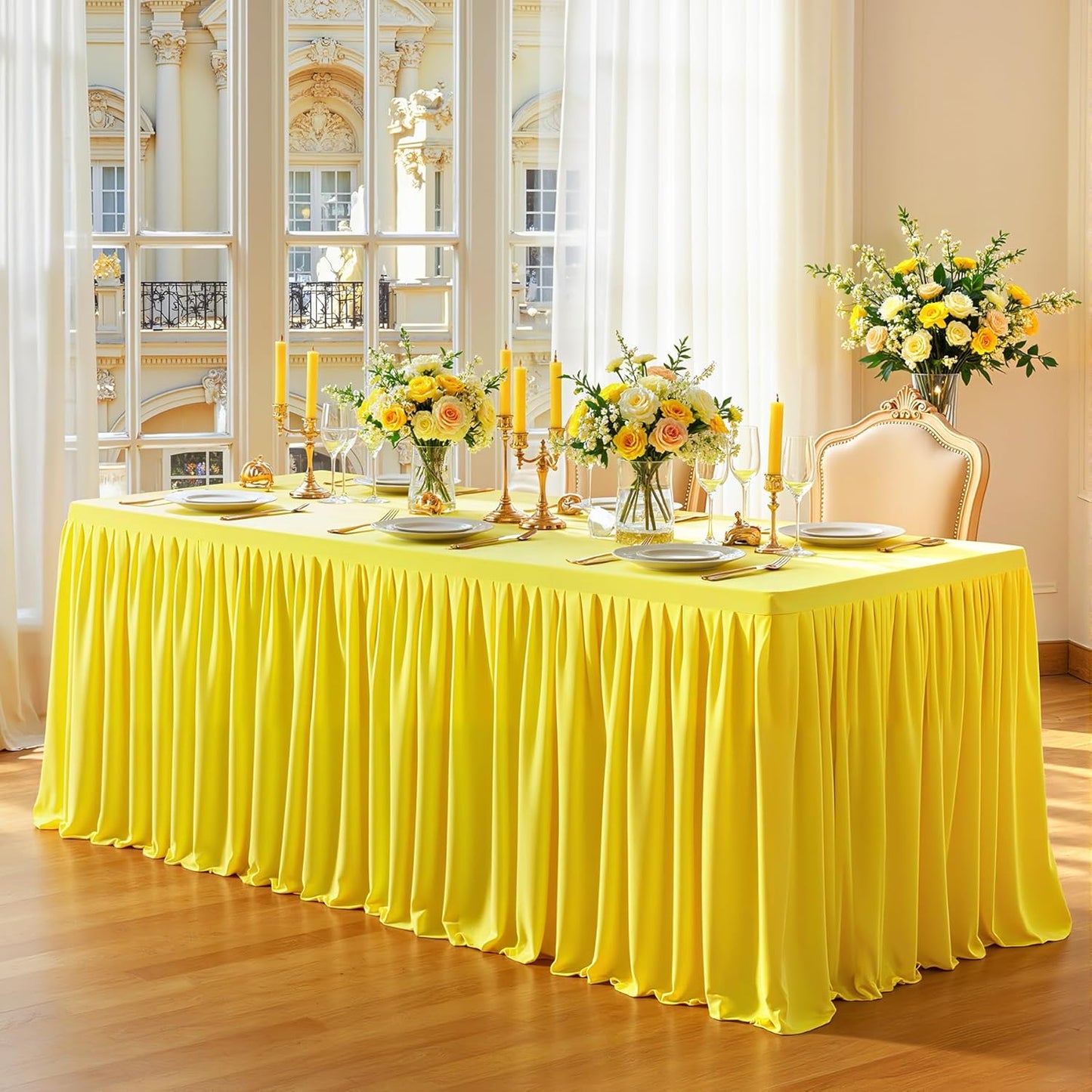 1 Pack Yellow Rectangle Table Clothes for 6 Foot Tables, Polyester Wrinkle Free Fitted Tablecloths 6ft Stretch Table Cover with Skirt for Wedding, Birthday, Parties, Trade Show, Craft Show