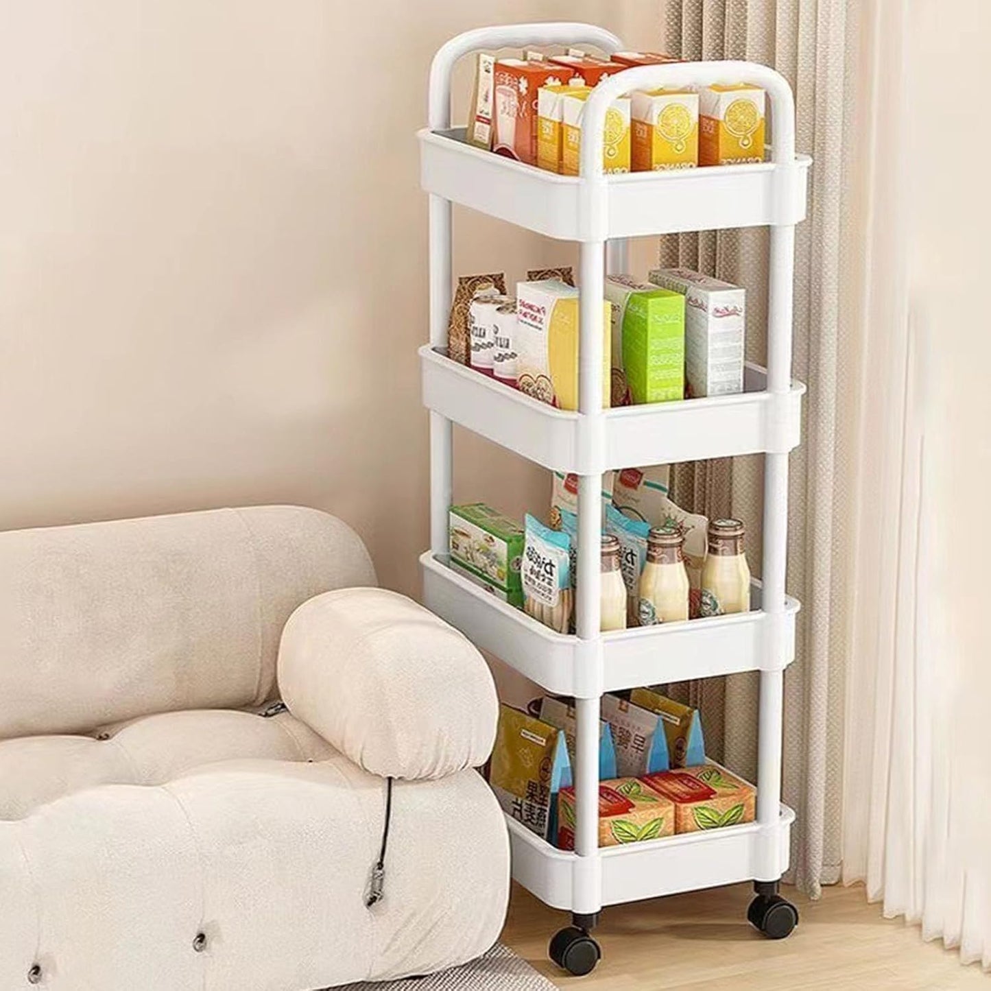 4 Tiers Snacks Storage Trolley Easy Assembly Rolling Cart Portable Organiser Rack for Camping and Outdoor Use Movable Shelf for Bedroom Organization