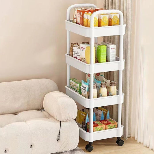 4 Tiers Snacks Storage Trolley Easy Assembly Rolling Cart Portable Organiser Rack for Camping and Outdoor Use Movable Shelf for Bedroom Organization
