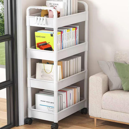 4 Tiers Snacks Storage Trolley Easy Assembly Rolling Cart Portable Organiser Rack for Camping and Outdoor Use Movable Shelf for Bedroom Organization