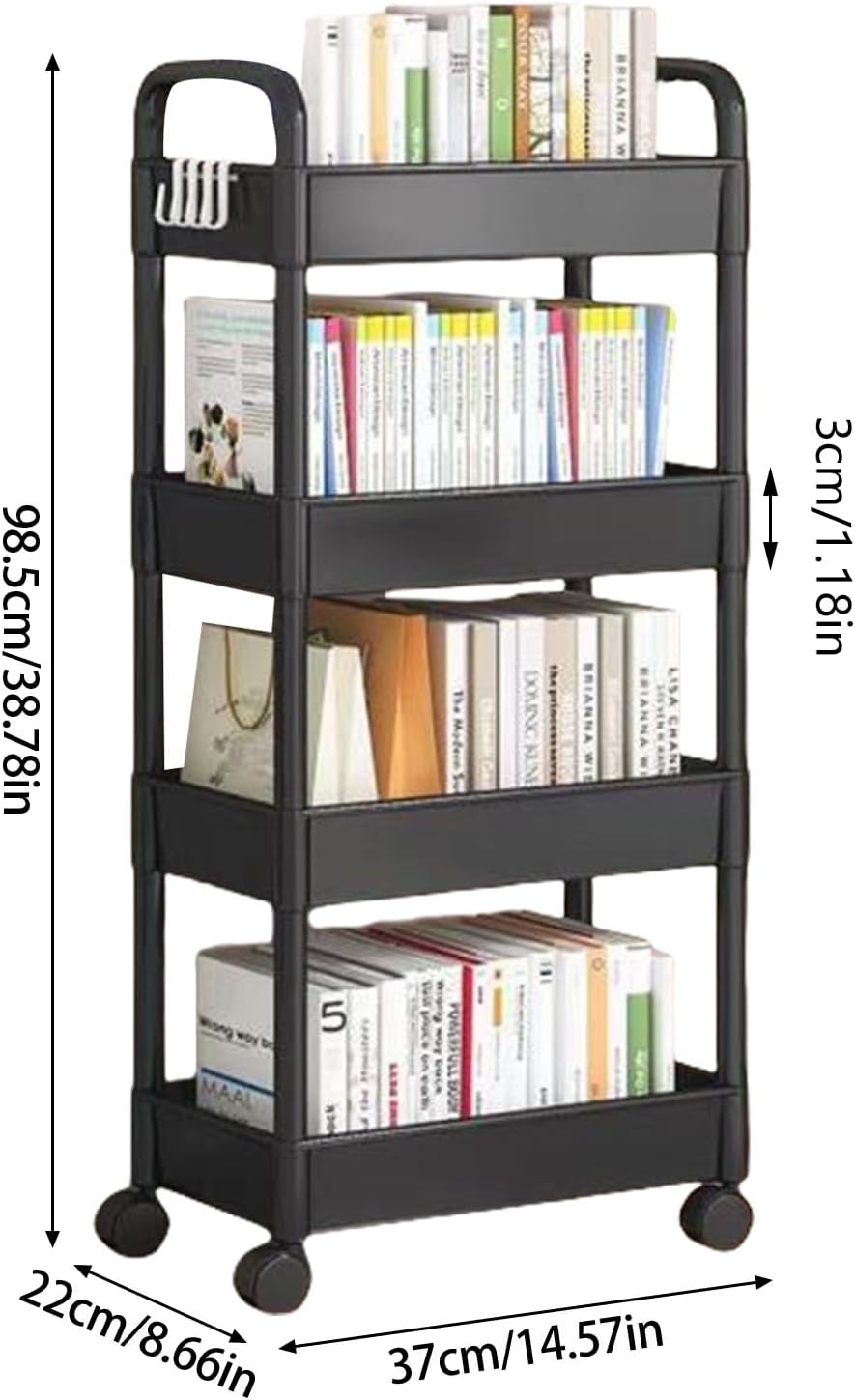 4 Tiers Snacks Storage Trolley Easy Assembly Rolling Cart Portable Organiser Rack for Camping and Outdoor Use Movable Shelf for Bedroom Organization