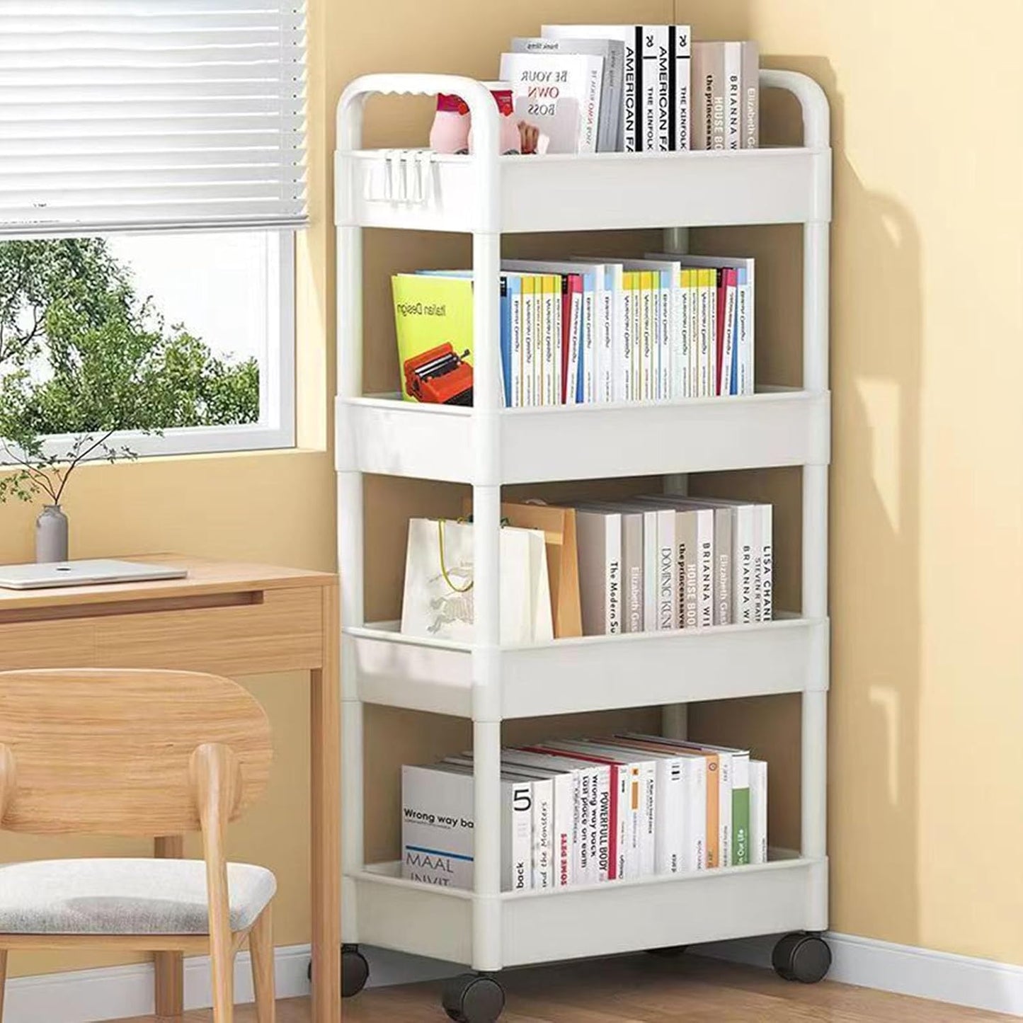 4 Tiers Snacks Storage Trolley Easy Assembly Rolling Cart Portable Organiser Rack for Camping and Outdoor Use Movable Shelf for Bedroom Organization