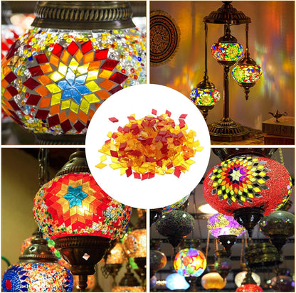 Diamond Shaped Glass Mosaic Tiles for Crafts DIY Supplies Mixed Red Orange Yellow 200G Handmade Art Materials for Mosaic Candle Holders and Decorative Projects