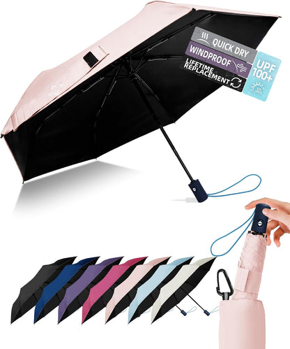 Windproof Travel Umbrella for Rain - 43" Compact Folding Umbrella, Reinforced Strong Frame, Lightweight Portable Parasol with UPF 100+ UV Sun Protection, Cruise Ship Essentials