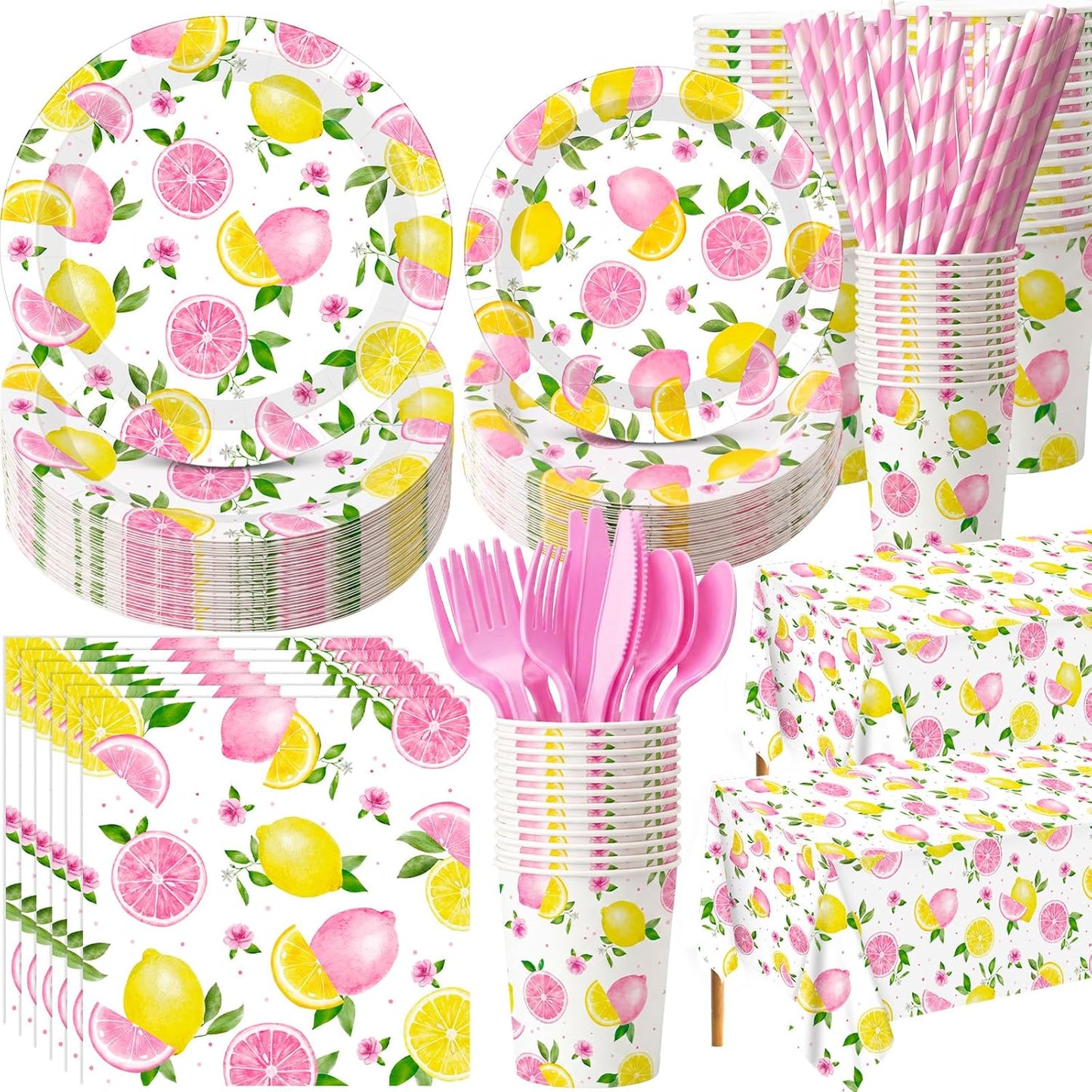 452 Pcs Pink Lemonade Party Decoration for 50, Pink and Yellow Lemon Paper Plate Napkin Cup Tablecloth Cutlery Straw Tableware Set for Summer Fruit Lemon Baby Shower Birthday Party Supplies