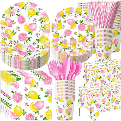 452 Pcs Pink Lemonade Party Decoration for 50, Pink and Yellow Lemon Paper Plate Napkin Cup Tablecloth Cutlery Straw Tableware Set for Summer Fruit Lemon Baby Shower Birthday Party Supplies