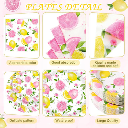 452 Pcs Pink Lemonade Party Decoration for 50, Pink and Yellow Lemon Paper Plate Napkin Cup Tablecloth Cutlery Straw Tableware Set for Summer Fruit Lemon Baby Shower Birthday Party Supplies