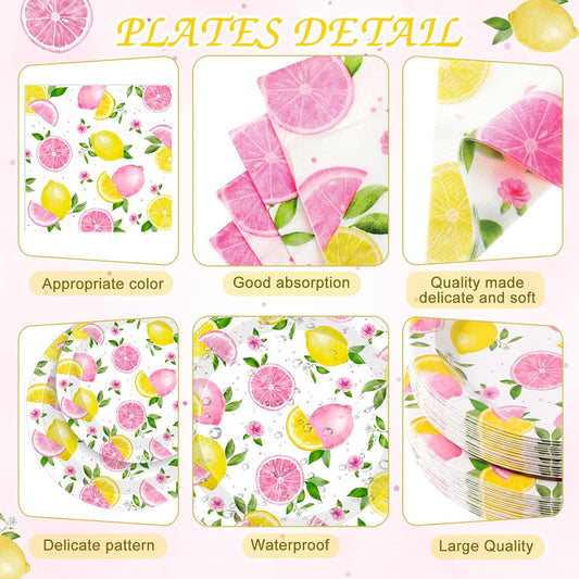 452 Pcs Pink Lemonade Party Decoration for 50, Pink and Yellow Lemon Paper Plate Napkin Cup Tablecloth Cutlery Straw Tableware Set for Summer Fruit Lemon Baby Shower Birthday Party Supplies