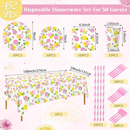 452 Pcs Pink Lemonade Party Decoration for 50, Pink and Yellow Lemon Paper Plate Napkin Cup Tablecloth Cutlery Straw Tableware Set for Summer Fruit Lemon Baby Shower Birthday Party Supplies