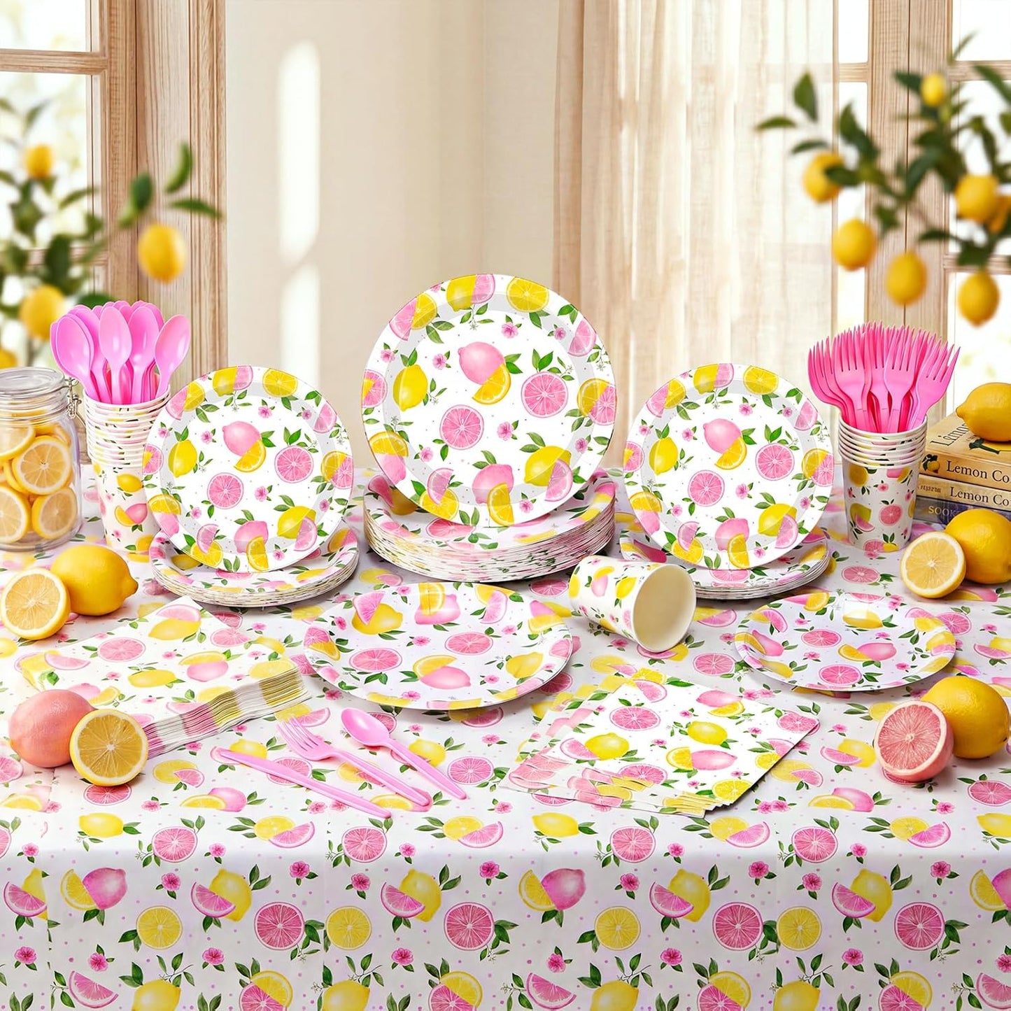 452 Pcs Pink Lemonade Party Decoration for 50, Pink and Yellow Lemon Paper Plate Napkin Cup Tablecloth Cutlery Straw Tableware Set for Summer Fruit Lemon Baby Shower Birthday Party Supplies