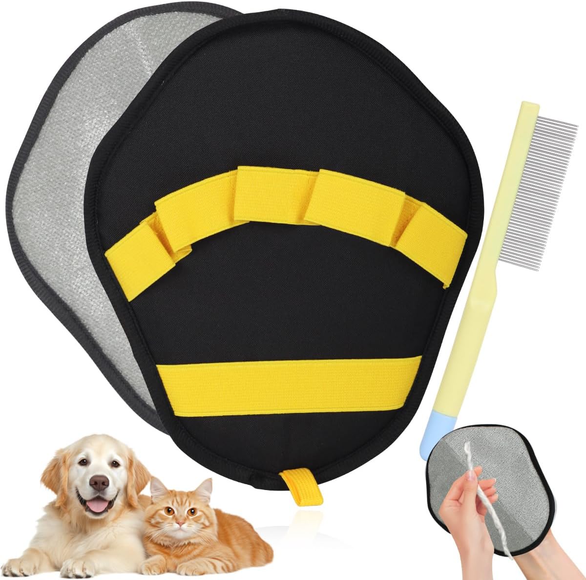 Pet Hair Removal Glove & Deshedding Comb Kit (Set of 2) - Electrostatic Washable Pet Fur Catcher for Cats & Dogs, for Couch, Furniture, Carpet, Car Seat (Yellow)