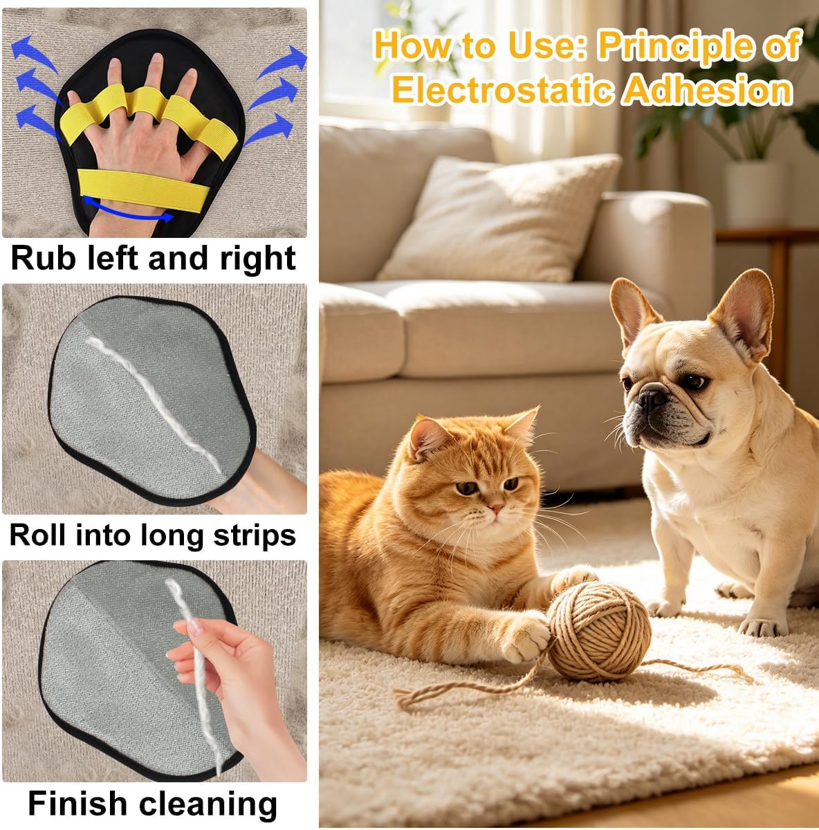 Pet Hair Removal Glove & Deshedding Comb Kit (Set of 2) - Electrostatic Washable Pet Fur Catcher for Cats & Dogs, for Couch, Furniture, Carpet, Car Seat (Yellow)