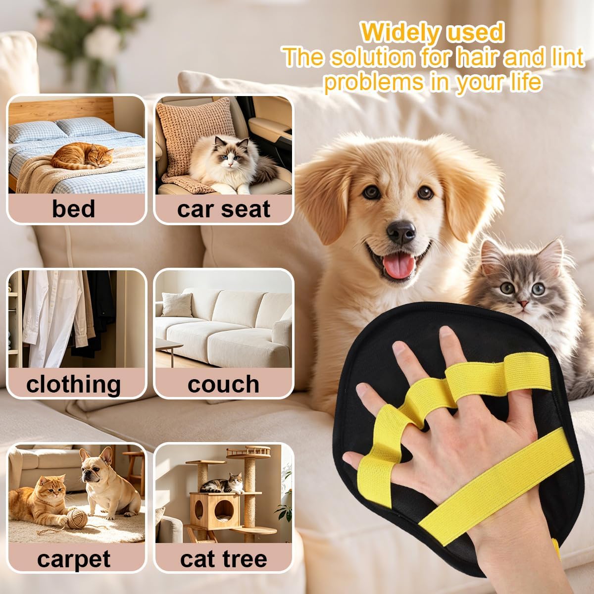 Pet Hair Removal Glove & Deshedding Comb Kit (Set of 2) - Electrostatic Washable Pet Fur Catcher for Cats & Dogs, for Couch, Furniture, Carpet, Car Seat (Yellow)