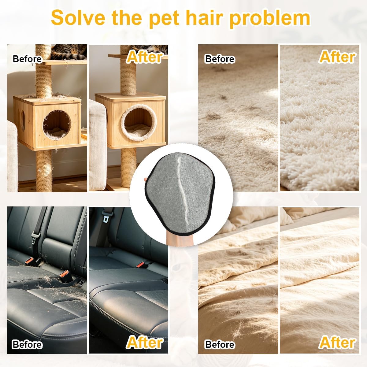 Pet Hair Removal Glove & Deshedding Comb Kit (Set of 2) - Electrostatic Washable Pet Fur Catcher for Cats & Dogs, for Couch, Furniture, Carpet, Car Seat (Yellow)