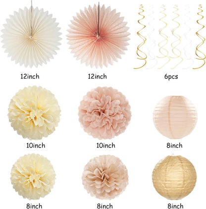 Champagne-Gold Beige Fall Bridal-Shower Party-Decorations - 36pcs Bride To Be Banner,Bachelorette Paper Lanterns,Wedding Streamers Garland,Boho Peach Tissue Pom Poms Flower Fan Decor Supplies