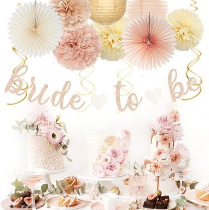 Champagne-Gold Beige Fall Bridal-Shower Party-Decorations - 36pcs Bride To Be Banner,Bachelorette Paper Lanterns,Wedding Streamers Garland,Boho Peach Tissue Pom Poms Flower Fan Decor Supplies