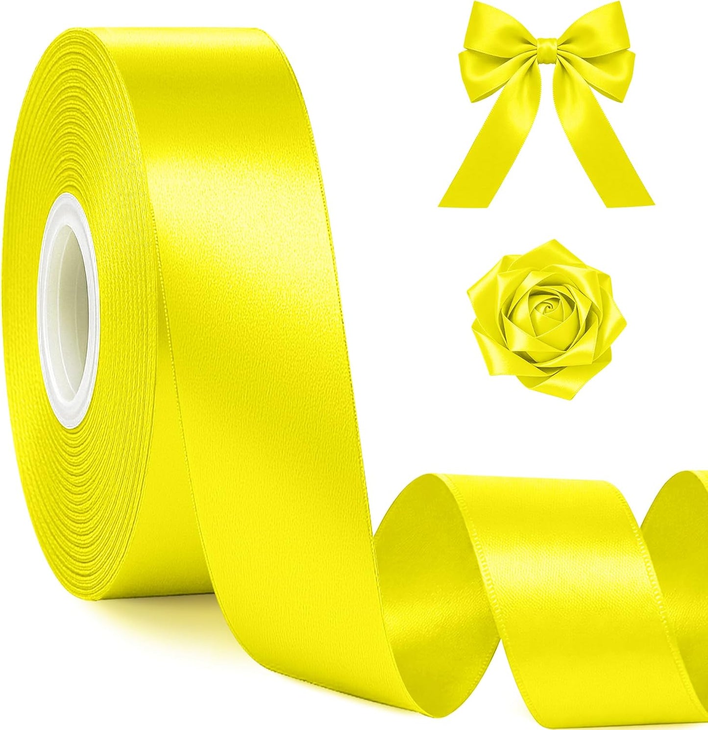 1In 30Yards Lemon Yellow Satin Ribbon for Gift Wrapping Birthday Decoration | Silky Glossy, Wear Resistant, Easy Cut, Premium Polyester, Double Stitched Edges, for Bouquets, Hair Bows and Crafts